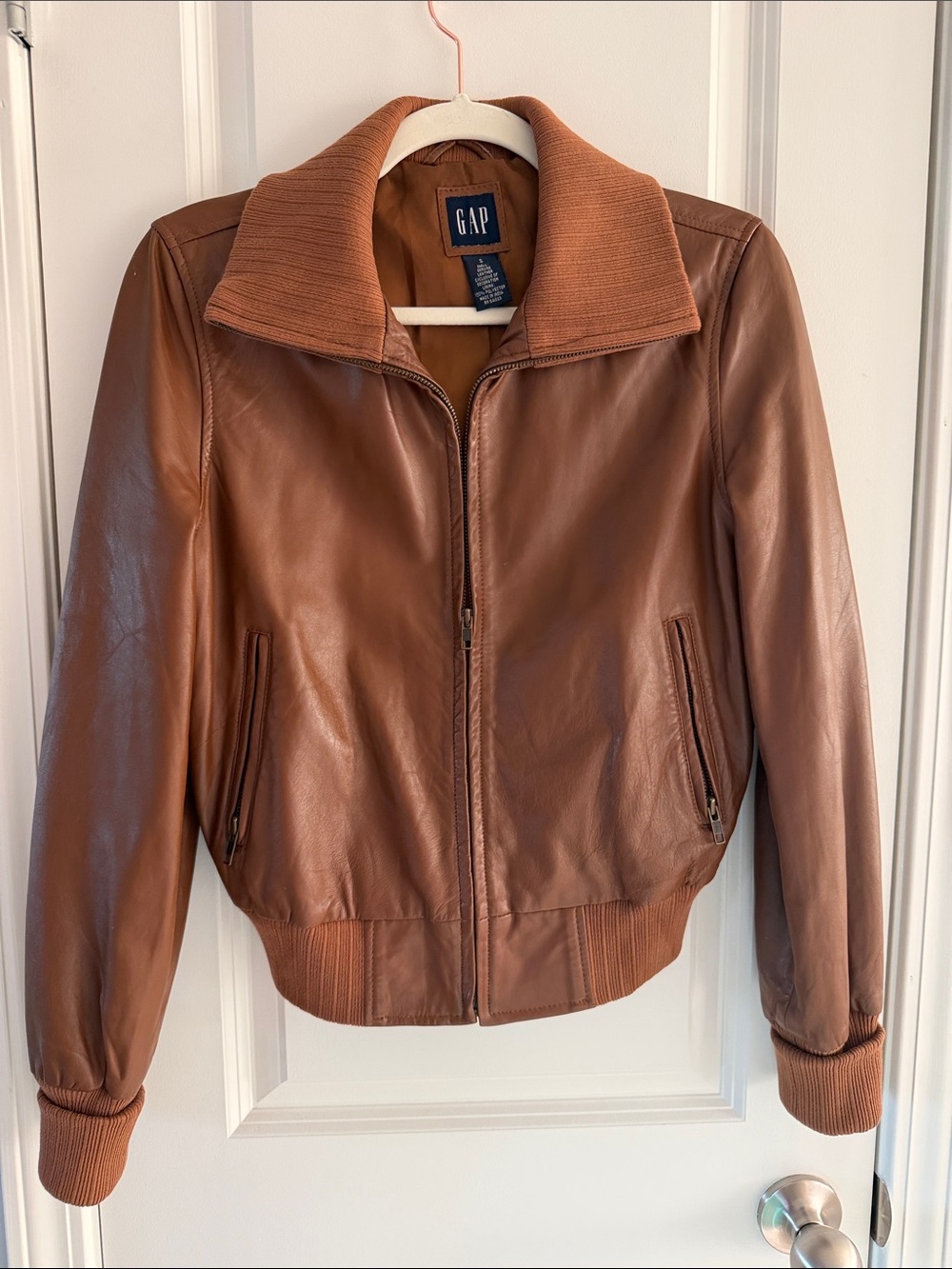 GAP Women's Chestnut Brown Leather Bomber Jacket